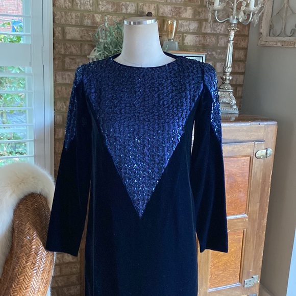 RICKI LANG FOR NUIT VINTAGE DEEP BLUE SEQUIN VELVET DRESS 4 EXCELLENT - Picture 2 of 9